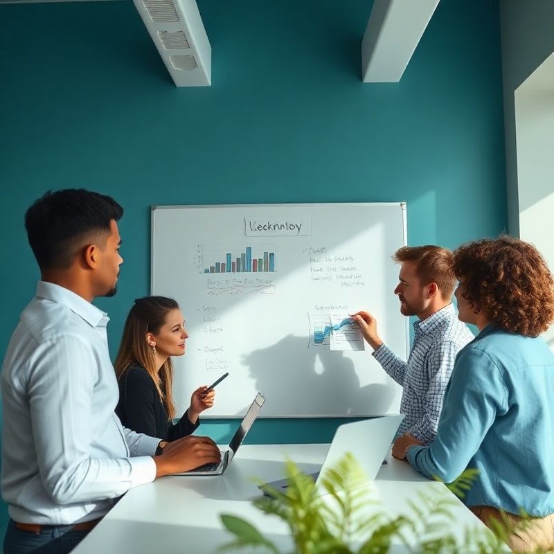Small tech team collaborating at a whiteboard in a bright Wellington office