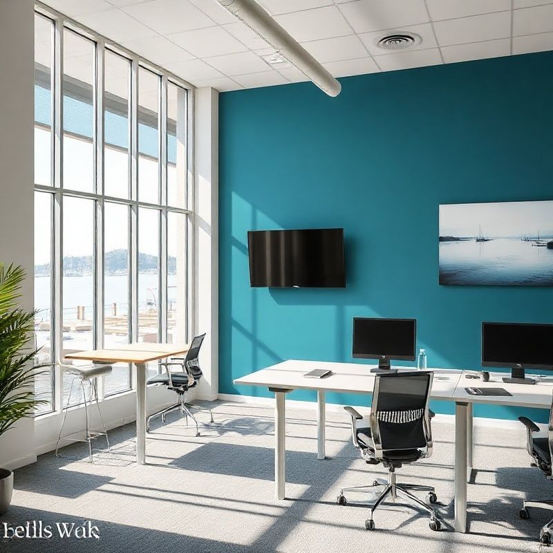 Wellington office interior with teal accent wall and harbour view